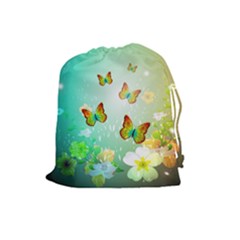Flowers With Wonderful Butterflies Drawstring Pouches (large)  by FantasyWorld7