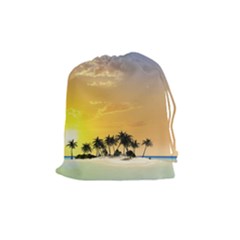 Beautiful Island In The Sunset Drawstring Pouches (medium)  by FantasyWorld7