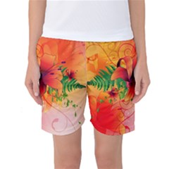 Awesome Red Flowers With Leaves Women s Basketball Shorts by FantasyWorld7
