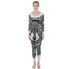 Intricate Elegant Wolf Head Illustration Long Sleeve Catsuit by Dushan