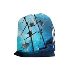 Underwater World With Shipwreck And Dolphin Drawstring Pouches (large)  by FantasyWorld7