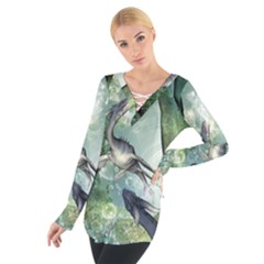 Awesome Seadraon In A Fantasy World With Bubbles Women s Tie Up Tee by FantasyWorld7