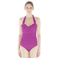 Metallic Pink Glitter Texture Women s Halter One Piece Swimsuit by yoursparklingshop
