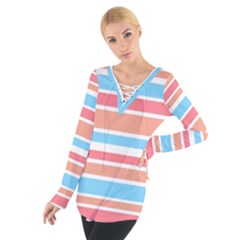 Orange Blue Stripes Women s Tie Up Tee by BrightVibesDesign