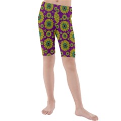 Sunroses Mixed With Stars In A Moonlight Serenade Kid s Mid Length Swim Shorts by pepitasart