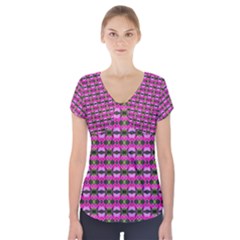 Pretty Pink Flower Pattern Short Sleeve Front Detail Top by BrightVibesDesign