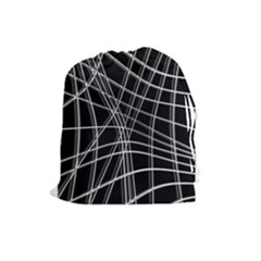 Black And White Warped Lines Drawstring Pouches (large)  by Valentinaart