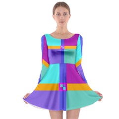 Right Angle Squares Stripes Cross Colored Long Sleeve Skater Dress by EDDArt