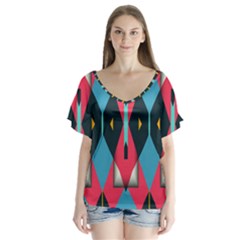 Triangles Stripes And Other Shapes            V-neck Flutter Sleeve Top by LalyLauraFLM