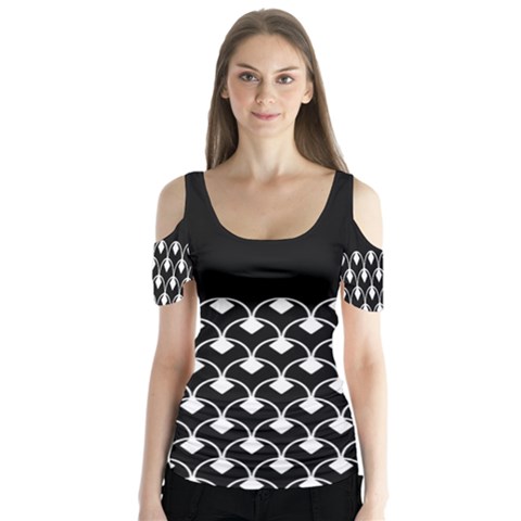 White And Black Geometric Design  Butterfly Sleeve Cutout Tee  by GabriellaDavid