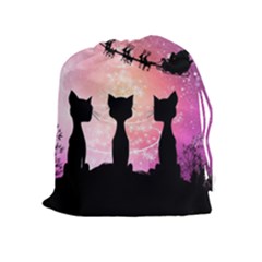 Cats Looking In The Sky At Santa Claus At Night Drawstring Pouches (extra Large) by FantasyWorld7