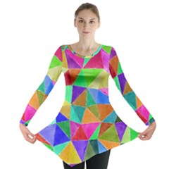 Triangles, Colorful Watercolor Art  Painting Long Sleeve Tunic  by picsaspassion