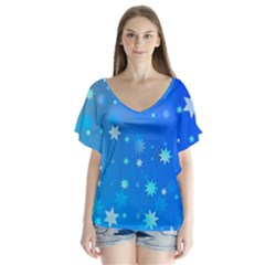 Blue Hot Pattern Blue Star Background Flutter Sleeve Top by Amaryn4rt