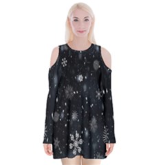 Snowflake Snow Snowing Winter Cold Velvet Long Sleeve Shoulder Cutout Dress by Nexatart