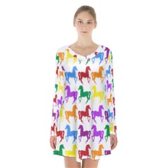 Colorful Horse Background Wallpaper Long Sleeve Velvet V-neck Dress by Amaryn4rt