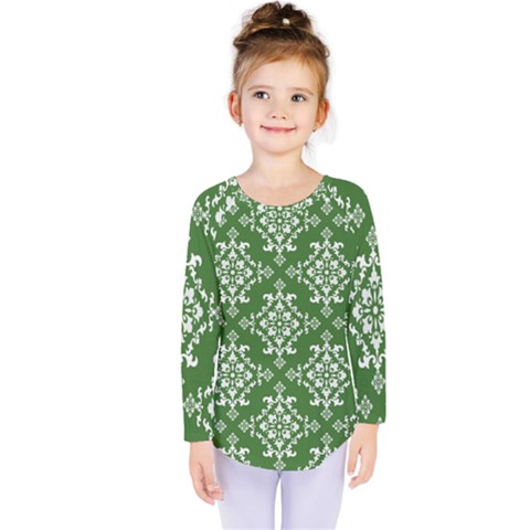 St Patrick S Day Damask Vintage Green Background Pattern Kids  Long Sleeve Tee by Simbadda