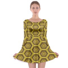 Golden 3d Hexagon Background Long Sleeve Skater Dress by Amaryn4rt