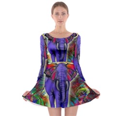 Abstract Elephant With Butterfly Ears Colorful Galaxy Long Sleeve Skater Dress by EDDArt