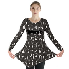 Black White Cats On Black Pattern Design Long Sleeve Tunic Top by CoolDesigns