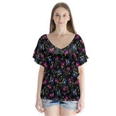 Floral Pattern Flutter Sleeve Top by ValentinaDesign