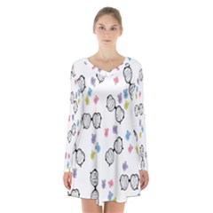 Glasses Bear Cute Doll Animals Long Sleeve Velvet V-neck Dress by Mariart