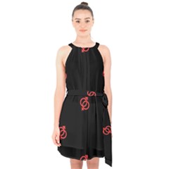 Seamless Pattern With Symbol Sex Men Women Black Background Glowing Red Black Sign Halter Collar Waist Tie Chiffon Dress by Mariart