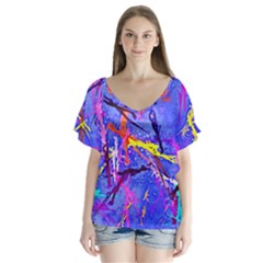 Paint Splashes                      V-neck Flutter Sleeve Top by LalyLauraFLM