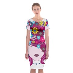 Beautiful Gothic Woman With Flowers And Butterflies Hair Clipart Classic Short Sleeve Midi Dress by BangZart