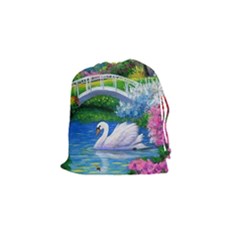 Swan Bird Spring Flowers Trees Lake Pond Landscape Original Aceo Painting Art Drawstring Pouches (small)  by BangZart