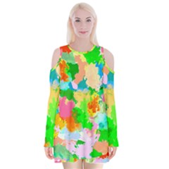 Colorful Summer Splash Velvet Long Sleeve Shoulder Cutout Dress by designworld65