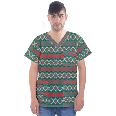 Ethnic Geometric Pattern Men s V-neck Scrub Top by linceazul