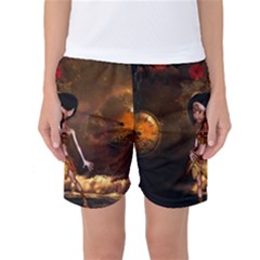 Steampunk, Cute Little Steampunk Girl In The Night With Clocks Women s Basketball Shorts by FantasyWorld7