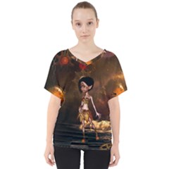 Steampunk, Cute Little Steampunk Girl In The Night With Clocks V-neck Dolman Drape Top by FantasyWorld7