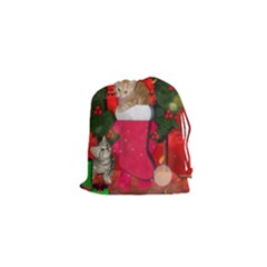 Christmas, Funny Kitten With Gifts Drawstring Pouches (xs)  by FantasyWorld7