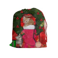 Christmas, Funny Kitten With Gifts Drawstring Pouches (extra Large) by FantasyWorld7