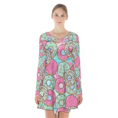 Donuts Pattern Long Sleeve Velvet V-neck Dress by ValentinaDesign