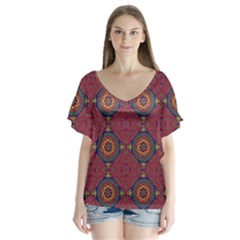 Oriental Pattern V-neck Flutter Sleeve Top by ValentinaDesign