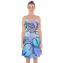 Lotus Flower Wall Purple Blue Ruffle Detail Chiffon Dress by Mariart