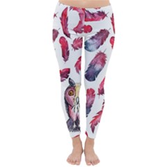 Boho Owl And Feather White Pattern Classic Winter Leggings by paulaoliveiradesign