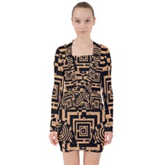 Wooden Cat Face Line Arrow Mask Plaid V-neck Bodycon Long Sleeve Dress by Mariart