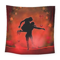 Dancing Couple On Red Background With Flowers And Hearts Square Tapestry (large) by FantasyWorld7