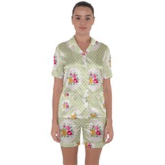 Green Shabby Chic Satin Short Sleeve Pyjamas Set by NouveauDesign