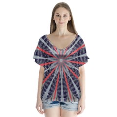 Red White Blue Kaleidoscopic Star Flower Design V-neck Flutter Sleeve Top by yoursparklingshop