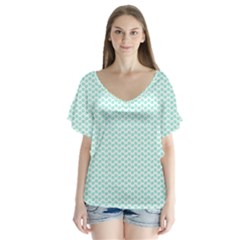 Tiffany Aqua Blue Lipstick Kisses On White V-neck Flutter Sleeve Top by PodArtist