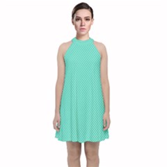 White Polkadot Hearts On Tiffany Aqua Blue  Velvet Halter Neckline Dress  by PodArtist
