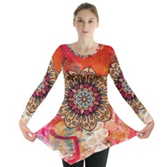 Mandala Art Design Pattern Ethnic Long Sleeve Tunic  by Celenk