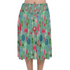 Vintage Christmas Hand-painted Ornaments In Multi Colors On Teal Velvet Flared Midi Skirt by PodArtist