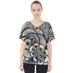 Background Abstract Beige Black V-neck Dolman Drape Top by Celenk