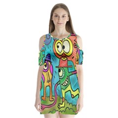 Painting Painted Ink Cartoon Shoulder Cutout Velvet One Piece by Celenk