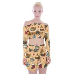 Cute Vintage Christmas Pattern Off Shoulder Top With Mini Skirt Set by allthingseveryone